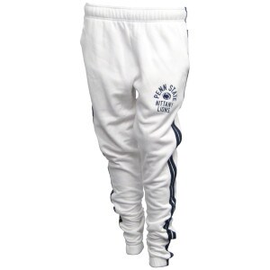 white sweatpants with Penn State Nittany Lions and Athletic Logo on left thigh, navy stripes down sides